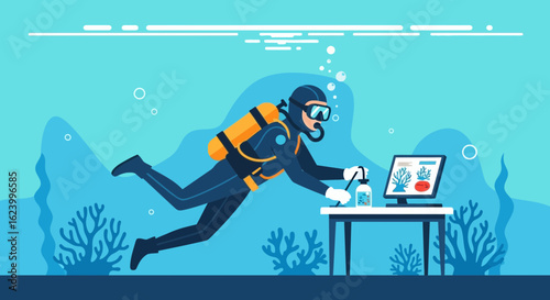 Underwater Investigation Diver Analyzing Coral Reef Health On Computer Screen