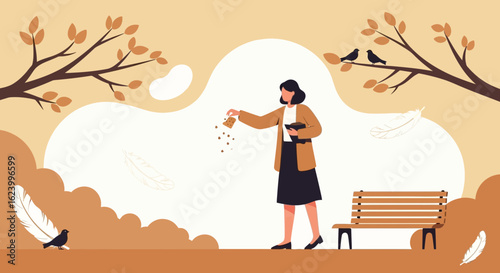 Woman Feeding Birds In Relaxing Autumnal Park Scene Illustration