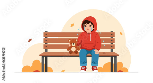 Upset Little Boy Sits On Park Bench With Teddy Bear Crying Loudly