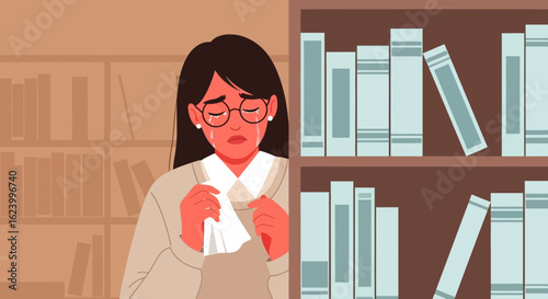 Upset Woman In Library Shedding Tears With A Tissue In Her Hands