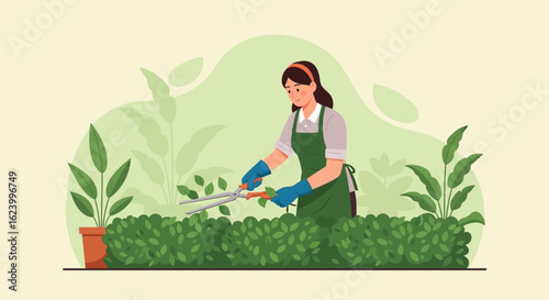 Woman gardening and trimming bushes with garden shears in backyard beautifully maintaining lawn landscape professionally with care and precision