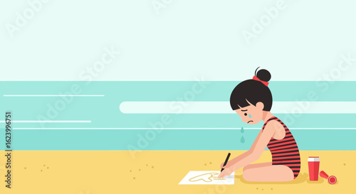 Upset Young Artist Drawing in The Sand During Vacation Time Illustration