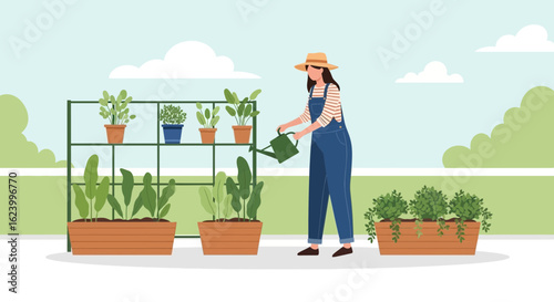 Woman Gardening At Home Growing Various Potted Plants In Her Backyard