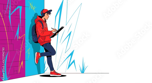Urban Illustrator Leaning Against Graffiti Wall Sketching on Clipboard Creative Concept