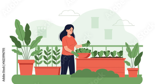 Woman Gardening on Balcony Cultivating Plants in Pots Urban Agriculture Concept