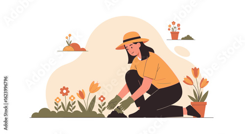 Woman Gardening Planting Flowers at Home Growing a Springtime Garden