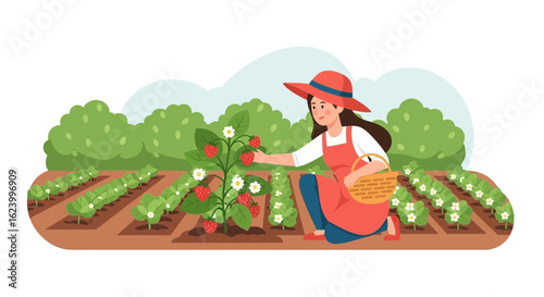 Woman Harvesting Fresh Strawberries On A Sunny Day In Agricultural Fields