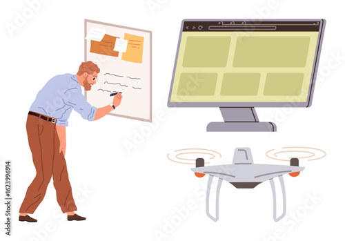 Man writing on whiteboard, computer monitor displaying interface, and drone in flight. Ideal for innovation, technology, brainstorming, analysis, creativity collaboration and future trends. Simple