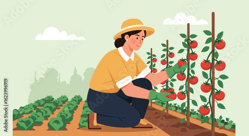 Woman Harvesting Ripe Tomatoes In Vegetable Garden On A Sunny Day