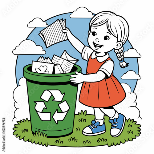A girl joyfully recycles papers while standing under a bright blue sky, showcasing her commitment to environmental care and the joy of participating in sustainable practices.