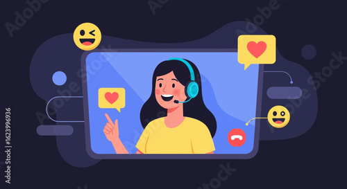 Virtual Communication Woman with Headset Giving Feedback on Online Content