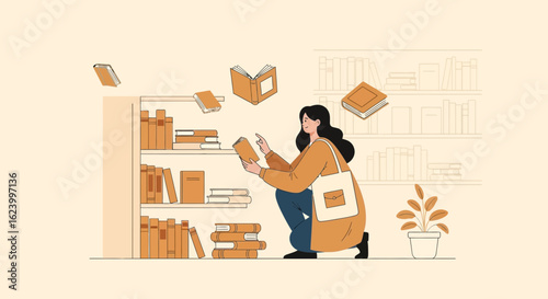 Woman In Bookstore Looking For A Book In Bookcase Cartoon Illustration