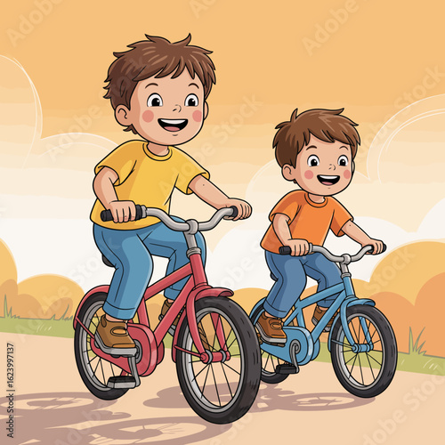 Two cheerful boys ride colorful bicycles through a sunny landscape, enjoying their playful adventure in the fresh air and picturesque surroundings with joy and excitement.