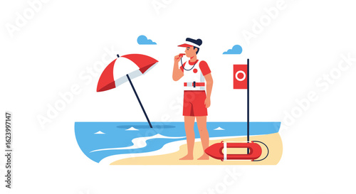 Vigilant Lifeguard On Duty At Beach Scene Protecting Swimmers Safety