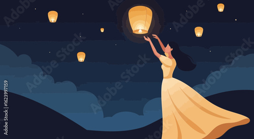 Woman in dress releasing sky lanterns into the night symbolizing hope and dreams