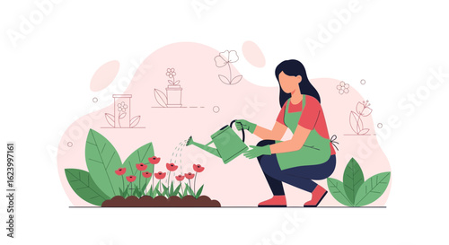 Woman In Apron Watering Flowers In Garden Vector Illustration