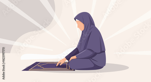Woman In Hijab Performing Islamic Prayer Illustration On Prayer Mat