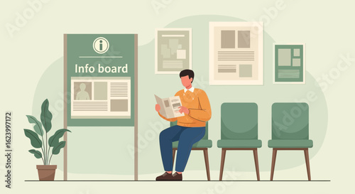 Waiting Area Scene Showing A Man Reads An Info Board Near Chairs
