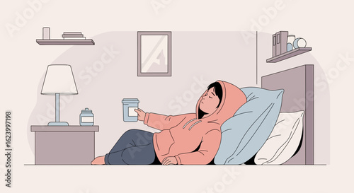 Woman In Hoodie Rests In Bed While Holding A Pill Container