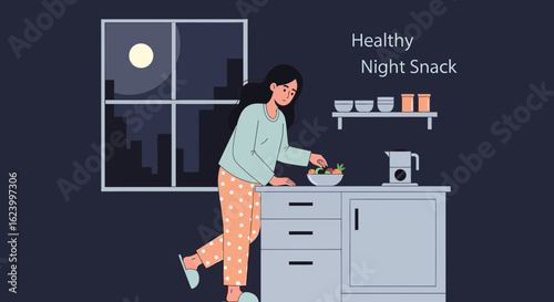 Woman In Pajamas Prepares A Healthy Late Night Snack In The Kitchen