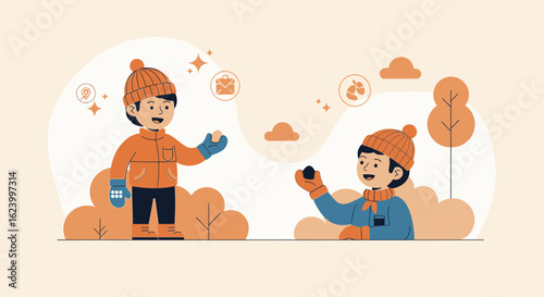 Winter Fun Two Young Friends Playing Snowball Fight In The Park