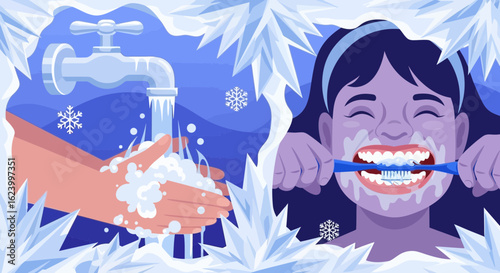 Winter Hygiene Routine Illustration Featuring Handwashing And Teeth Brushing
