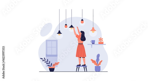 Woman Adjusting Pendant Lights Fixtures in Interior Decoration Home Renovation