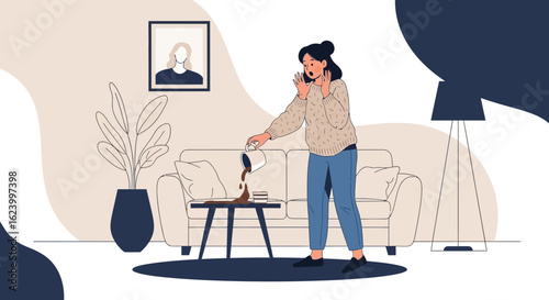 Woman in shock after spilling coffee on a coffee table in a modern living room setting