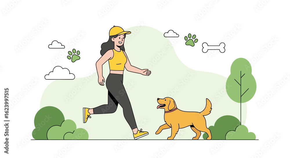 Fototapeta premium Woman Jogging With Her Golden Retriever Dog In The Park During A Sunny Day