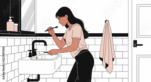Woman Brushing Teeth At Bathroom Sink In The Morning Routine