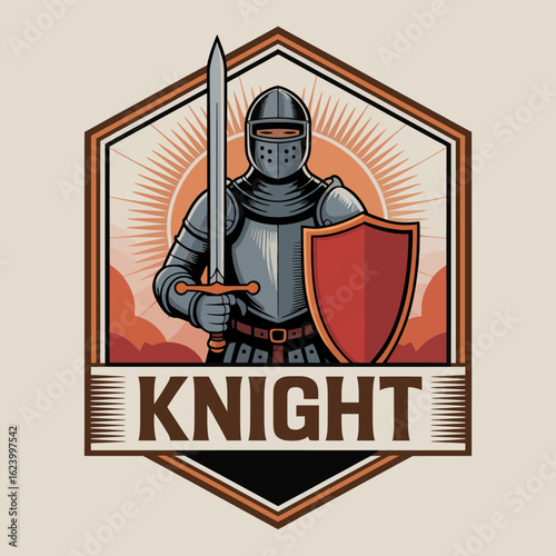 A striking knight symbolizing bravery and strength stands confidently holding a sword and shield in a beautifully styled illustration, evoking a sense of chivalry and history.