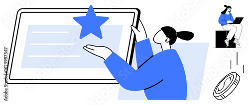 Woman reviewing star rating on tablet screen, seated individual working on laptop, and falling coin. Ideal for feedback, ranking, digital evaluation, quality, e-commerce, content review simple flat