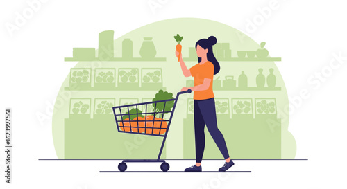 Woman Choosing Fresh Carrots In Grocery Store For Healthy Dieting Style