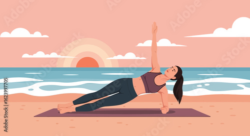Woman Does Side Plank Yoga Pose on Beach During Peaceful Sunset