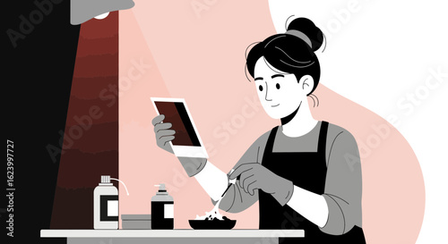 Woman Developing Photos In A Darkroom With Chemical and Equipment