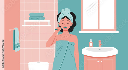 Woman Doing Her Morning Dental Care Routine Wrapped In Towel in Bathroom