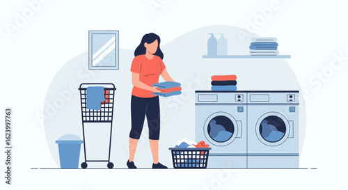 Woman Doing Laundry Routine At Home Vector Illustration Minimalist Style