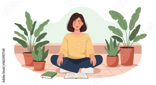 Woman Meditating Amidst Greenery Indoor Wellbeing Serene Mindful Relaxation