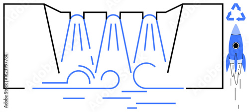 Colorful hydroelectric dam releasing water into flow with a recycling triangle and rocket. Ideal for sustainability, energy, engineering, innovation, productivity, environment, and technology. Simple
