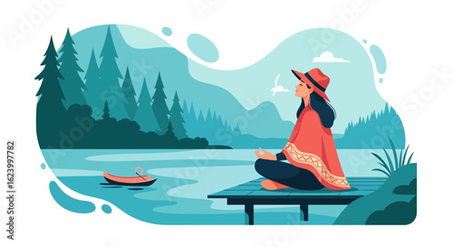 Woman Meditating By A Peaceful Lake With A Serene Forest Backdrop