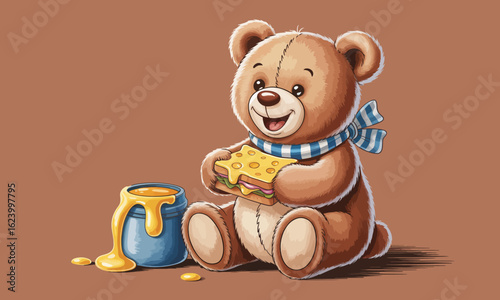 A charming illustration of a happy bear snacking on a sandwich near a pot of honey, radiating warmth and cuteness, perfect for children's themes and sweet moments.
