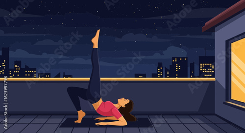 Woman Doing Leg Lift Exercise On Rooftop With Night Cityscape Backdrop
