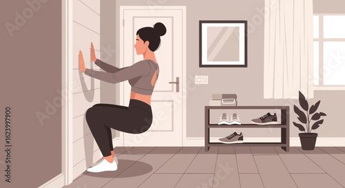 Woman Doing Wall Sit Exercise at Home for Strength Training and Fitness
