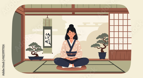 Woman Meditating In Traditional Japanese Room For Wellness And Mindfulness