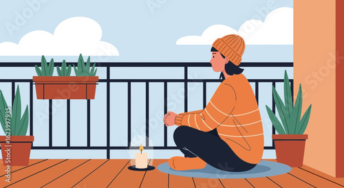 Woman Meditating on Balcony with Candle Light Enjoying Serene Atmosphere