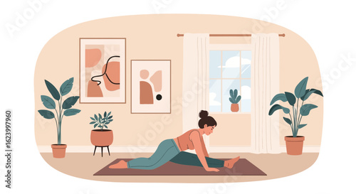 Woman Doing Yoga At Home In Minimalist Room Decorative Artwork Displayed