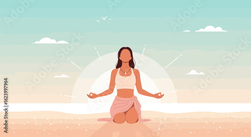 Woman Meditating On Beach At Sunrise Finds Serenity In Nature's Embrace