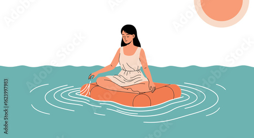 Woman Meditating On Raft In Ocean Calmly Under The Sun Isolated Illustration