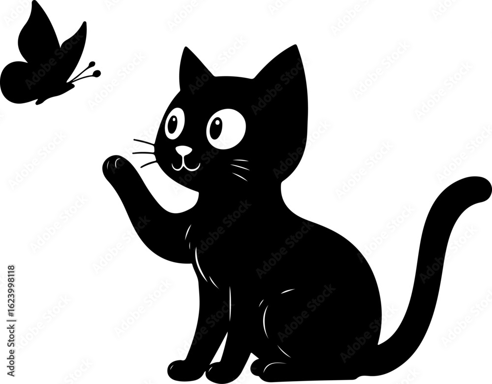 Obraz premium A black kitten leaping towards a butterfly 
