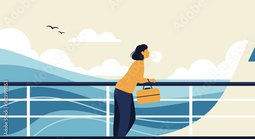 Woman On Cruise Enjoying Ocean Views And Distant Horizon At Peaceful Moment